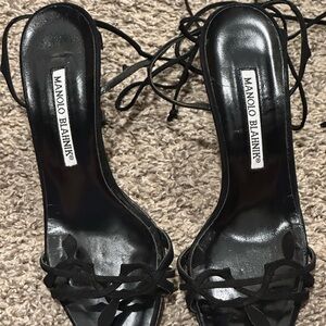 Manolo Blahnik Black Stiletto Heels with Ankle Straps